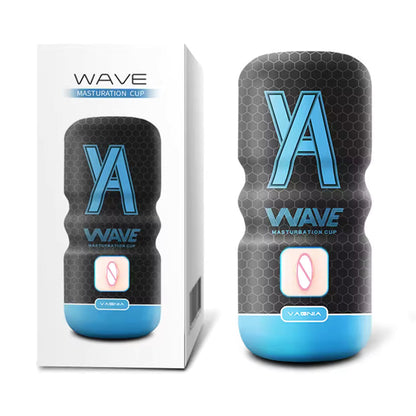 Blue Wave male masturbator cup shown alongside its retail packaging box.