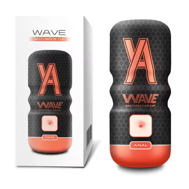 Orange Wave male masturbator cup shown alongside its retail packaging box.