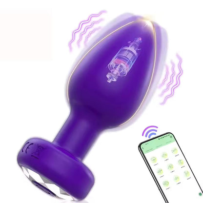 Purple vibrating anal plug with internal motor graphic and smartphone app control.