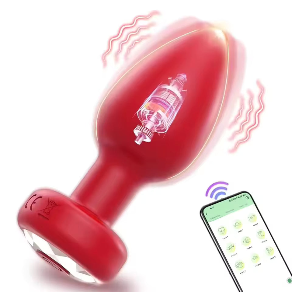 Red vibrating anal plug featuring an internal motor graphic and smartphone app control.
