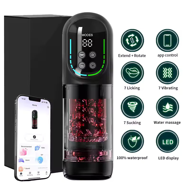 Black automatic male masturbator with LED display next to a smartphone app and feature icons.