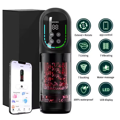 Black automatic male masturbator with LED display next to a smartphone app and feature icons.