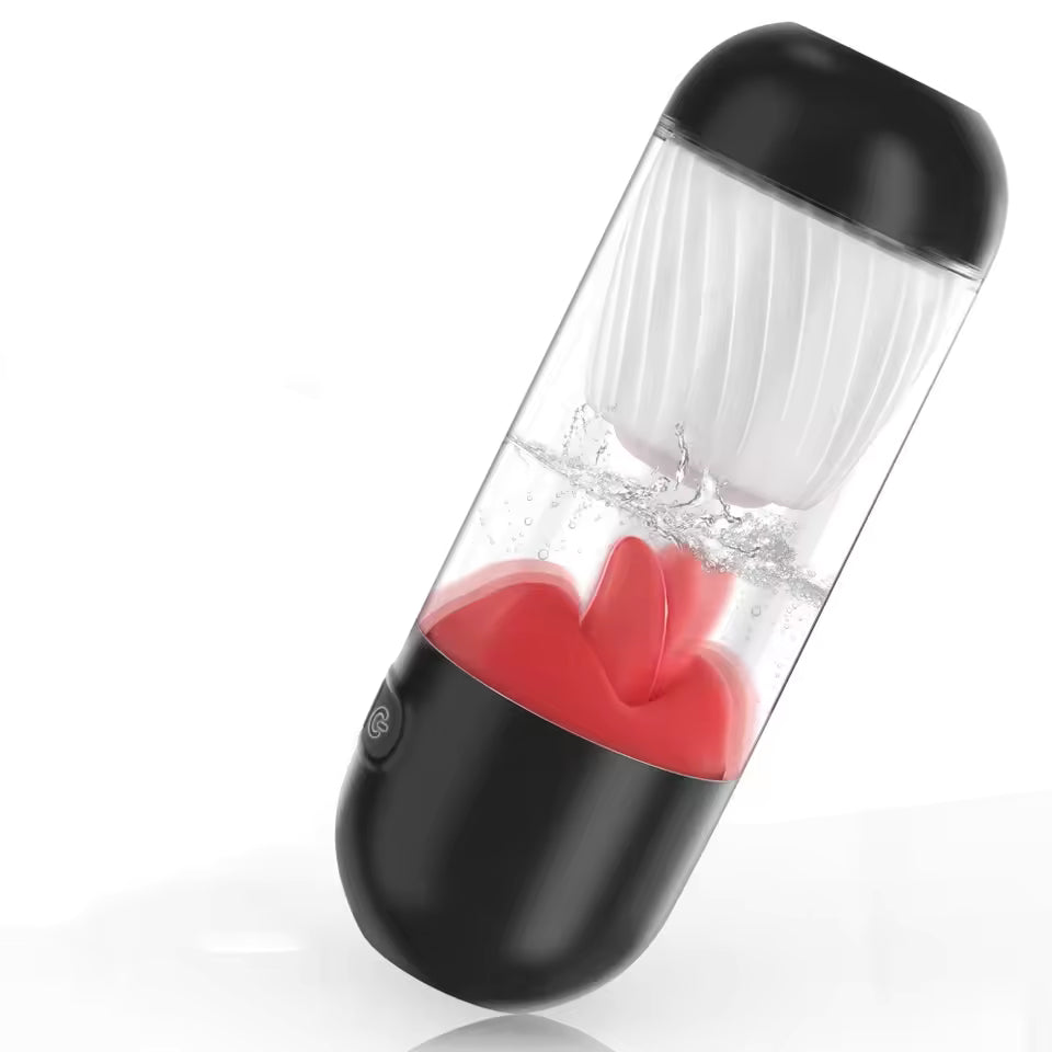 Automatic male masturbator cup with clear case, red inner lips, textured sleeve, and black caps.