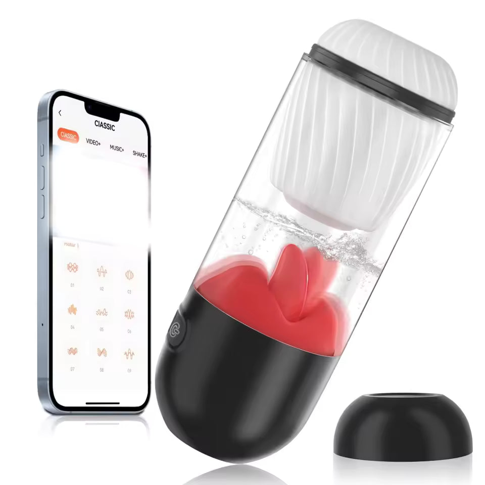 App-controlled automatic male masturbator cup with clear body, red inner lips, and smartphone.