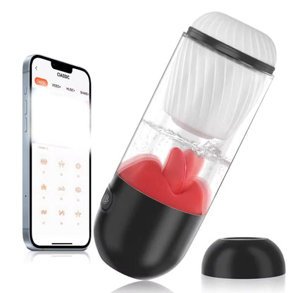 App-controlled automatic male masturbator cup with clear body, red inner lips, and smartphone.