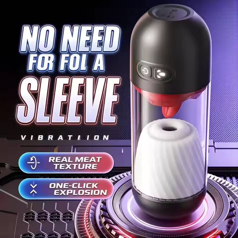 Male masturbator cup with clear body, textured white sleeve, and internal red tongue element.