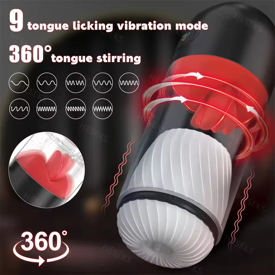 Male masturbator showing 360-degree tongue stirring action and 9 vibration mode icons.