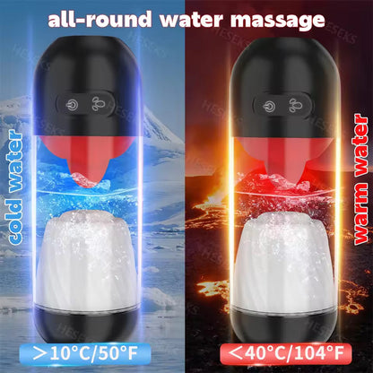 Male masturbator cup demonstrating cold and warm water massage compatibility.