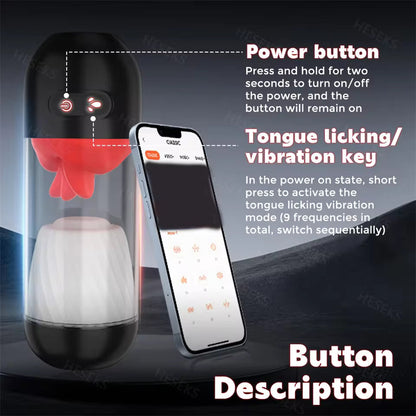 Male masturbator cup diagram highlighting power button, vibration key, and app connection.