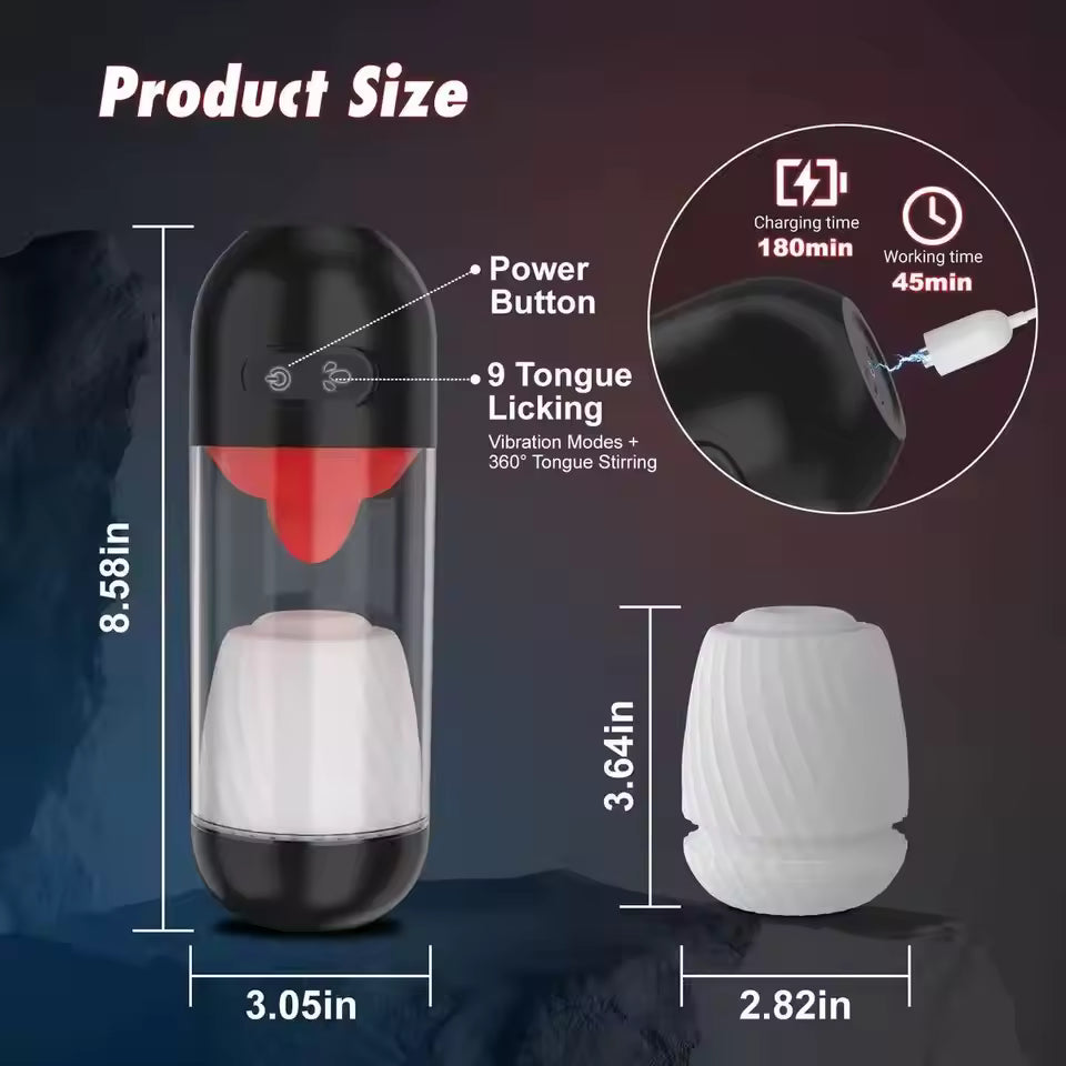 Male masturbator size diagram showing product dimensions, sleeve measurements, and charging time.