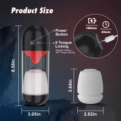 Male masturbator size diagram showing product dimensions, sleeve measurements, and charging time.