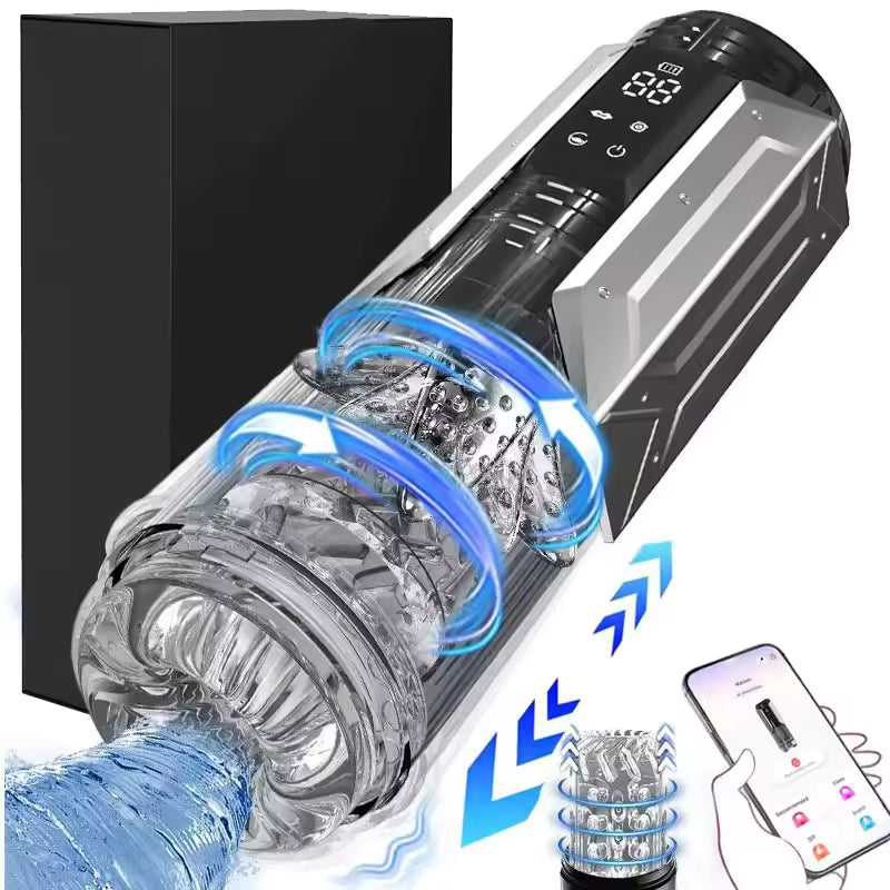 Silver automatic male masturbator with clear textured sleeve next to a hand holding a smartphone.