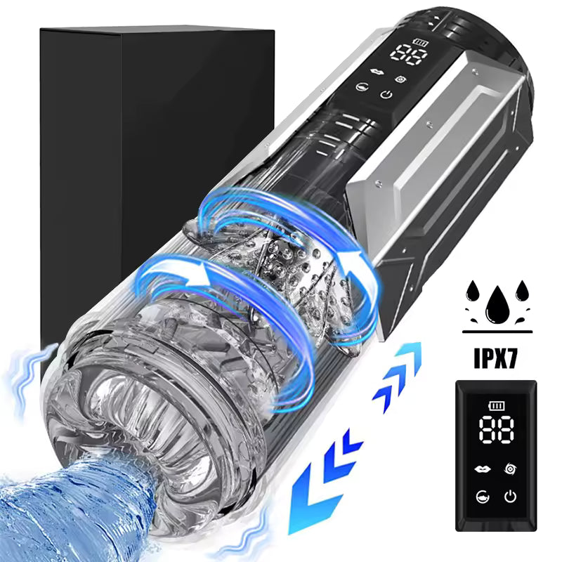 Futuristic silver male masturbator with clear sleeve, IPX7 waterproof rating, and LED screen.