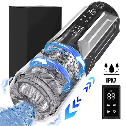 Futuristic silver male masturbator with clear sleeve, IPX7 waterproof rating, and LED screen.