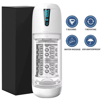 White automatic male masturbator showing transparent inner sleeve, box, and feature icons.